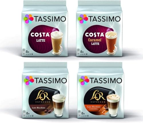 Image of Tassimo Latte Bundle - Costa Latte/Costa Caramel Latte/L'Or Latte Macchiato/Latte Macchiato Caramel Coffee Pods - 4 Packs (32 Servings)