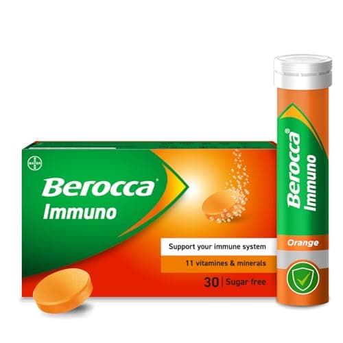 Image of Berocca Immuno Effervescent Tablets, 11 Vitamins and Minerals, Including Vitamins D, C, A, B9, Zinc and Iron to Help Support Your Immune System and B6 and B12 Support Energy Release, Green, 30 Tablets