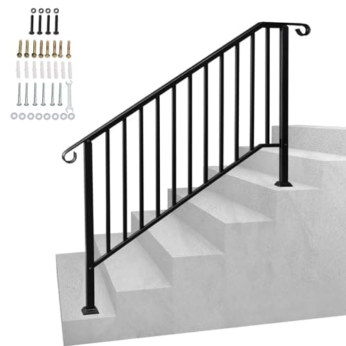 Image of Adjustable Handrail Fits 4 to 5 Steps, Matte Black Wrought Iron Rail with Installation Kit, Outdoor Stair Railing