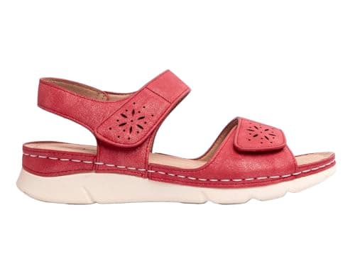 Image of Womens Red Wide E Fit Adjustable Touch Fasten Sandals Low Wedge Flat Slip On Open Toe Slingbacks Ladies Summer Casual Fashion Sandals (Red, UK Footwear Size System, Adult, Women, Numeric, Wide, 5)