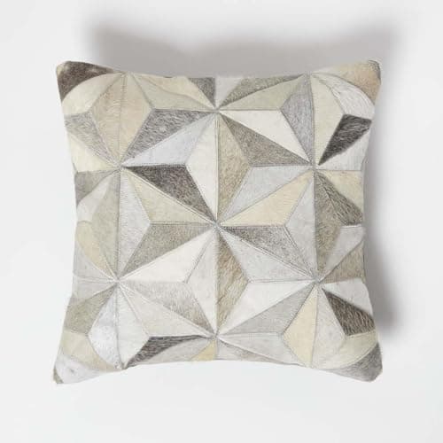 Image of HOMESCAPES Grey Leather Cushion 45 x 45 cm Geometric Cushion With Suede Reverse Real Leather Modern Accent Pillow for Sofa Cushion Insert Included