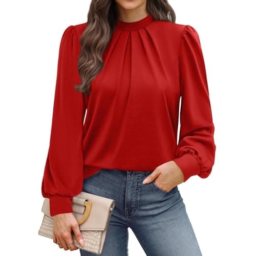 Image of Blouses for Women Casual Long Sleeve Pleated Tops Dressy Mock Neck Plain Shirts Pullover Ladies Fashion Tunic Tops Business Tees Loose Fit Going Out T-Shirts Office Wear(Red, XXL)