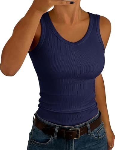 Image of Aottori Tank Top Women V Neck Sleeveless Vests UK Ladies Summer Camisole Shirts Ribbed Slim Fit Casual Basic Tunic Top Navy M