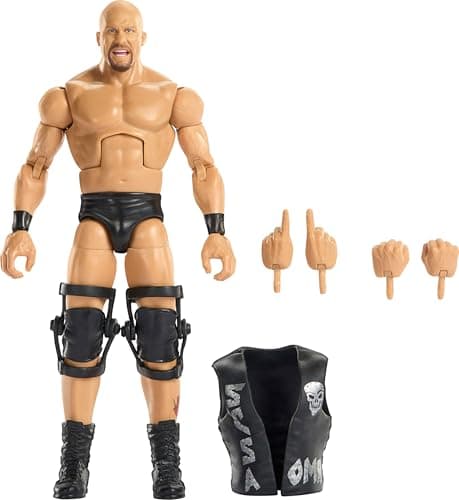 Image of Mattel WWE Elite Action Figure & Accessories, Greatest Hits 2025 Set, 6-inch Collectible “Stone Cold” Steve Austin with 25 Articulation Points & Swappable Hands, JHT58