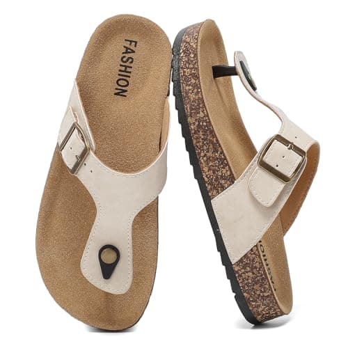 Image of Foinledr Cork Footbed Sandals for Women and Men Flip Flops for Unisex, Summer Beach Slides with Anti-Slip Sole & Arch Support, Adjustable Buckles