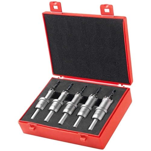Image of Rotabroach RHSKIT1 TCT Metal Hole Saw Kit - 14,16,18,20 & 22mm Diameter - 25mm Max Cut Depth (5 Piece) Bundle | Suitable for 13mm Drill Chuck with Solid Carbide Tips,Black/Red