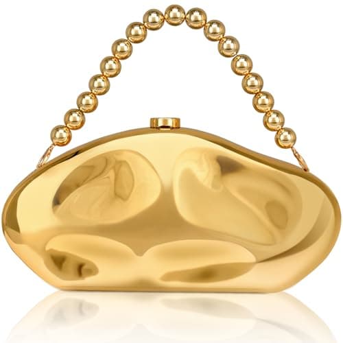 Image of Larcenciel Gold Clutch Bags for Women, Acrylic Irregular Shell Women's Clutches w/Beaded Handle & Chain, Metallic Evening Handbag, Smooth Crossbody Shoulder Bag for Wedding Party Holiday, 24x12x3CM
