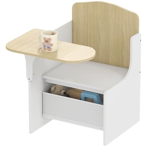Image of AIYAPLAY Kids Table and Chair Set, Children Desk and Chair with Storage Bins, 2 in 1 Toddler Desk for Playing, Reading, Painting, Activity Table Set for Ages 3-5, White