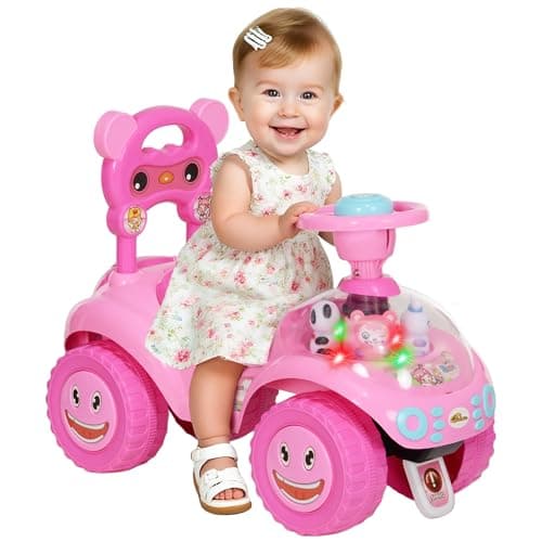 Image of AIYAPLAY Ride on Car, Push Along Toy, Toddler Car Foot to Floor with Under Seat Storage, Anti-Over-Backwards Device, Horn, Music, Light, for 18-36 Months, Pink