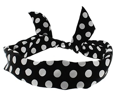 Image of Mytoptrendz® Satin Hair Tie Retro Polka Dot Rockabilly Wire Head Scarf Hair Band Head Wrap (Black- Large White Dot))
