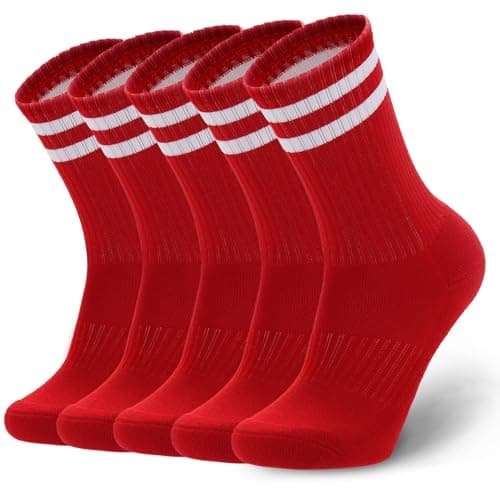 Image of Geebuzz 5 Pairs Mens Socks Cotton Cushioned Sports Socks Striped Crew Athletic Running Socks for Men Women Teens (UK, Alpha, M, Regular, Regular, Red)