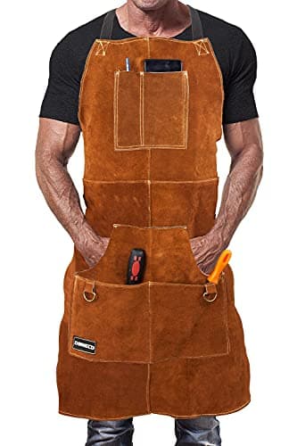 Image of DIMWELD Welding Apron, Heavy Duty Workshop Apron for Welders and Blacksmiths, 6 Pockets, Light Brown, Cowhide Leather, One Size
