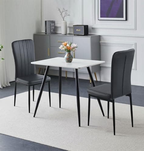 Image of Hallowood Furniture Cullompton Small Dining Table and Chairs Set 2, (0.8m) White Marble Effect Kitchen Table and 2 Chairs Black Faux Leather Upholstery with Metal Legs, Dining Set for Home & Café