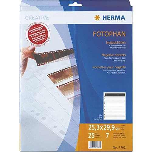 Image of HERMA 7762 Negative Sleeves 35 mm for Folders, Pack of 25 7 Small Frame Strips of 6 Images, Negative Storage Cases for Small Frame Negatives with Euro Punched Holes and Safety Lab, Transparent