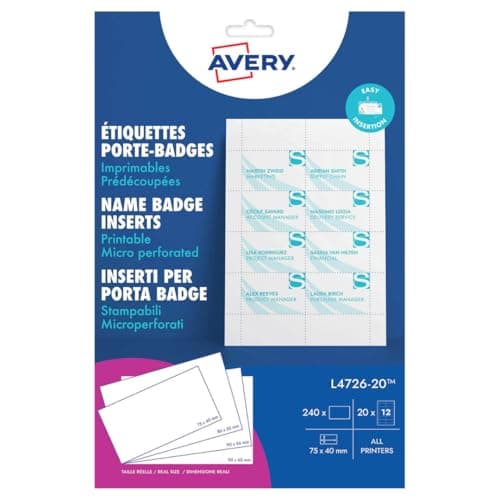 Image of Avery L4726-20 Printable Name Badge Insert Refills (75 x 40 mm Inserts, Pack of 240) - White,Package May Vary