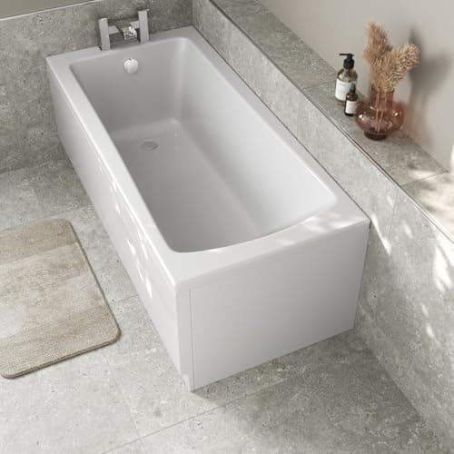 Image of Baystone 1500 x 700mm Single Ended Bath White Gloss Soaking Bathttub, Acrylic Baths for Bathrooms, Straight Wide End, Adjustable Feet, No Panel