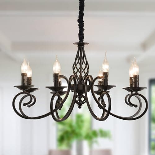Image of Ganeed Rustic Chandeliers Candle French Country Chandelier Vintage Iron Pendant Light Fixture Hanging Light for Farmhouse Kitchen Island Dining Room Bedroom Black 8 Lights