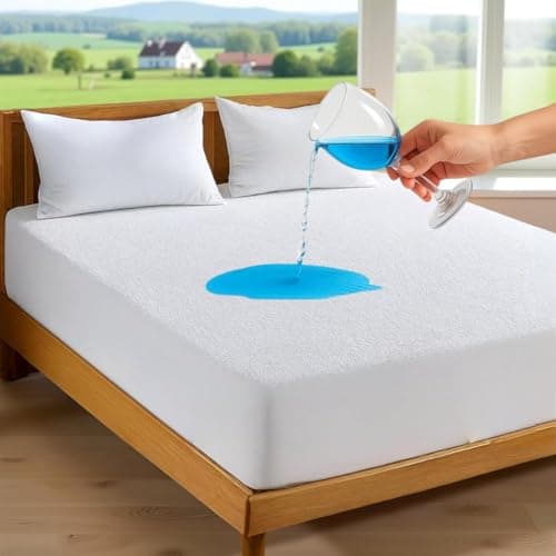 Image of Elite Essentials 100% Waterproof Mattress Protector, Cotton Terry Top – Non-Noisy & Anti-Allergy King Size Mattress Protector (150x200cm) Extra Deep 30cm Stretch Skirt – White