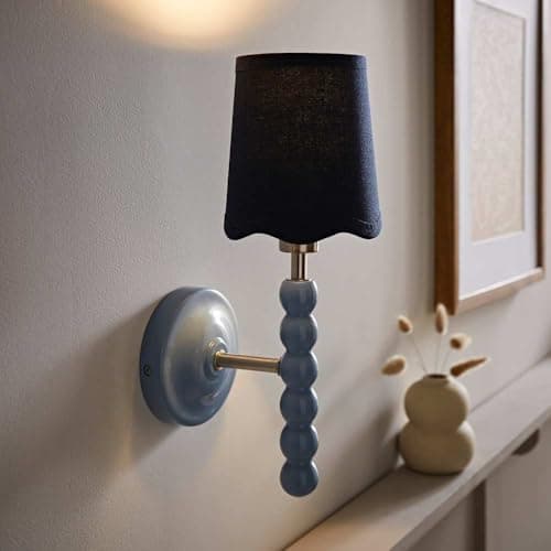 Image of ValueLights | Bobbins Blue Wall Light with Navy Linen Scallop Shade and Bulb | Wall Lights, Home Décor & Improvement Essential | Mains Wired