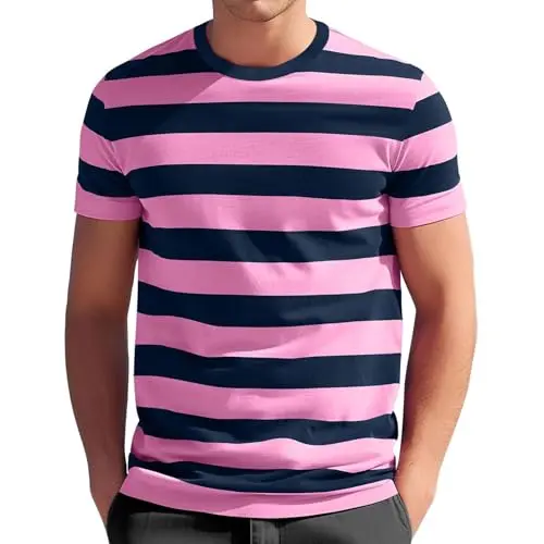 Image of Mens Striped Shirt Short Sleeve Stripe Shirts Crewneck T-Shirts Classic Stylish Patchwork Tops Casual Workout Blouse Remeras para Hombre(Z02-Pink, L)