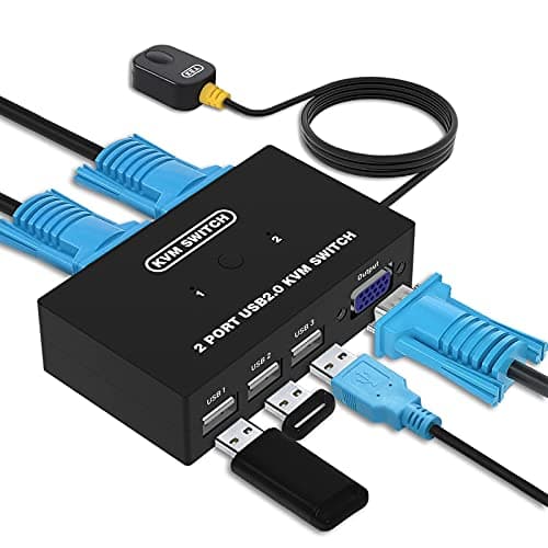 Image of VGA KVM Switch 2 Port, VGA Switch Box Selector 2 Computer PC Share 1 monitor 3 USB Devices, Mouse Keyboard Printer, 2 KVM Cables included