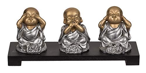 Image of Out of the blue Polyresin figures on wooden bench, Buddha (see nothing evil, talk, hear) approx. 20 x 9 cm