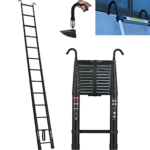 Image of 5M Heavy Duty Telescopic Ladders With Hooks 13 Steps Aluminum Extending Roof Ladder for Multi-Purpose Indoor Outdoor Roof Work Decoration Builder Supply 150KG Capacity - Black