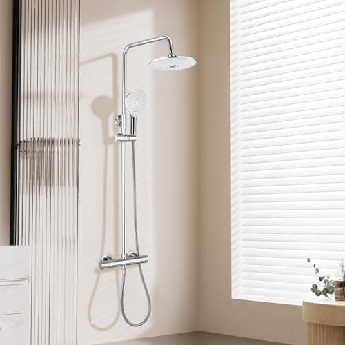 Image of SGUVK Thermostatic Shower Mixer Set, 38 °C Thermostat Shower System, 22cm Round Overhead Rainfall Shower, 3 Jet Types Handheld Shower, Anti Scald Height Adjustable Bathroom Riser Rail Chrome