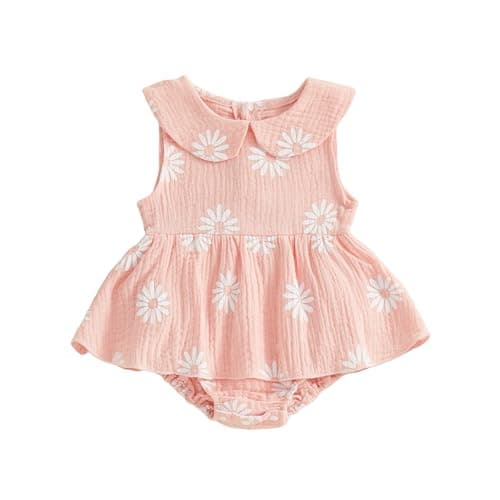 Image of XIXIMAON Newborn Baby Girl Romper Dress Doll Collar Sleeveless Daisy Flower Print Jumpsuit Infant Girl One Piece Clothes (Pink, 9-12 Months)