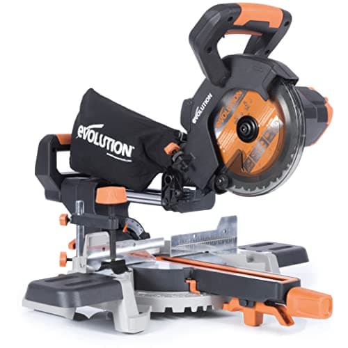 Image of Evolution Power Tools R185SMS-Li Cordless Sliding Mitre Saw with Multi-Material Cutting, 45° Bevel, 50° Mitre, 850W - Includes 185MM TCT Blade, 3 Year Warranty, Black/Orange, (064-0001)