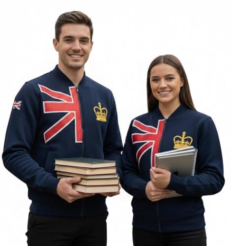 Image of GWCC Unisex Union Jack Baseball Jacket Chain Stitch Embroidery, Royal Crown Gold Emb, XS to 4XL Hoodie Hooded Sweatshirt (UK, Alpha, XS, Regular, Regular, Navy Blue)