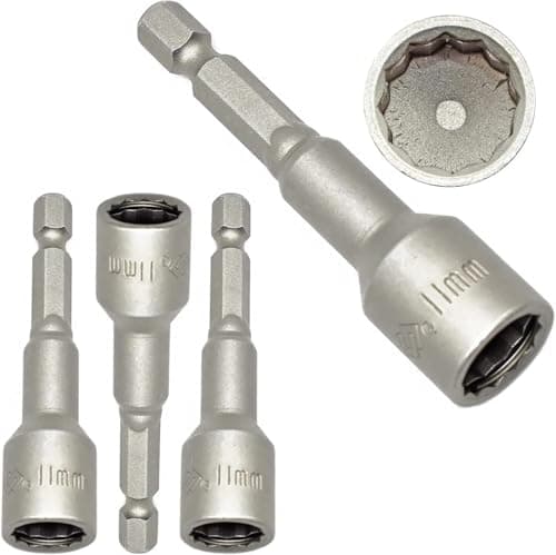 Image of 3 x Bi Hex 11mm Socket Driver Insert Bit Nut Setter c/w Retaining Ring - Used for Fixing Moulded Coloured Head Bi Hex Sheet Roofing Tek Screws