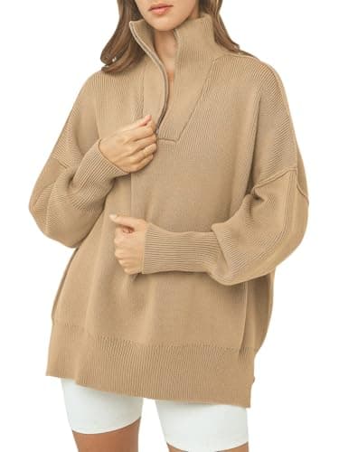 Image of Famulily Oversized Sweaters for Women, Long Sleeve Quarter Zip Stand Collar Baggy Warmish Knitted Pullover Sweaters (S, Khaki)