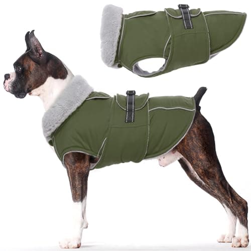Image of Lelepet Warm Coats and Jackets for Dogs, Waterproof Winter Dog Coat for Cold Weather, Reflective Dog Puffer Jacket, Fleece Lining Pet Coat with Harness Hole for Small Dogs, ArmyGreen S