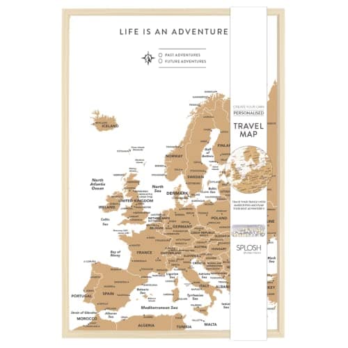 Image of Splosh Travel Map - Europe Map Pin Board in White, Wooden Frame. Travel Map Corkboard with 100 Pins in 2 Colours to Mark Your Past and Future Adventures