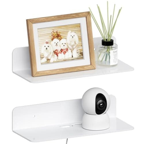 Image of RICHER HOUSE 2 Pack White Acrylic Floating Wall Shelves, 9"x4" Small No Drill Shelf with Wire Hole for Monitors,Dual-Mount (Adhesive or Screws), Room Décor Display Shelves for Bedroom,Office,Kitchen