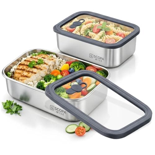 Image of Scopa wise Stainless Steel Lunch Box Set of 2 (1000ml & 1600ml) Microwave Safe Leakproof Meal Prep Containers with Airtight Glass Lids & Steam Vent, Oven & Dishwasher Safe Bento Food Storage