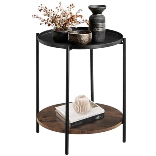 Image of tectake® Round Side Table in Minimalist Design with 2 Shelves & Sturdy Steel Frame, Coffee Table with Removable Tray & Wood-Look Shelf for Living Room, Bedroom, Hallway, Ø 45.5 x 54.5 cm - Dark Wood