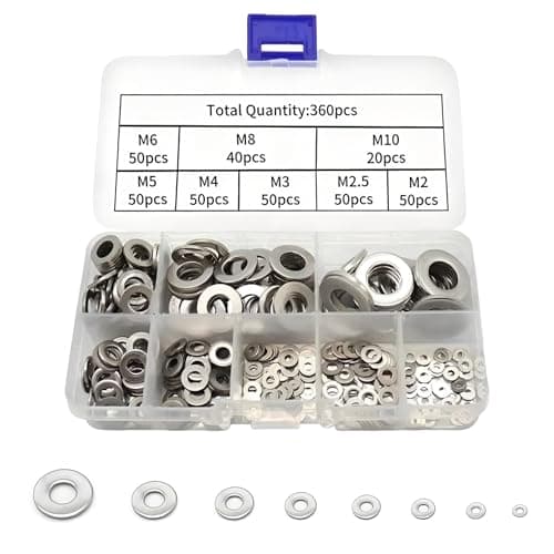 Image of 360PCS Stainless Steel Flat Washers Assortment Kit - Metric Sizes M2 M2.5 M3 M4 M5 M6 M8 M10 for Home Decoration, Factories Repair, Construction Projects