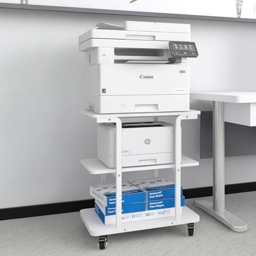 Image of PUNCIA 3-Tier Laser Printer Stand with Storage 60x50x67cm Large Printer Table on Wheels Under Desk Storage Trolley Heavy Duty Rolling Cart Movable Rack Fax Scanner Shelf for Home Office (White)