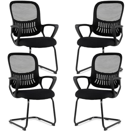 Image of COSTWAY 1/2/4PCS Guest Reception Chairs, Mid-Back Mesh Conference Chairs Computer Armchairs with Lumbar Support and Sled Base, Metal Base Office Chair for Waiting Room Meeting Room (63 x 63 x 96cm, 4)