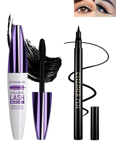 Image of Black Waterproof Mascara & Eyeliner Set, 5D Silk Fiber Liquid Lash Extensions Colored Tubing Mascaras Volume and Length, Long Lasting, Smudge-Proof Curling Non-Clumping Mascara & Eyeliner for Women