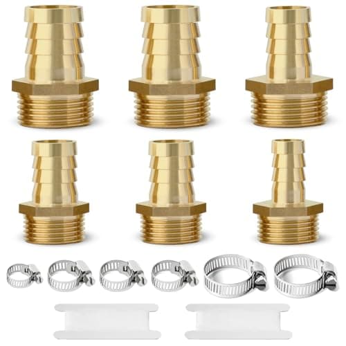 Image of Josaton 6Pcs Barb Hose Connector Set, 1" and 3/4" BSP Male Thread Hose Tail Brass Hose Barb Fitting with Pipe Clamp, Garden Hosetail Adapters for Air Water Fuel