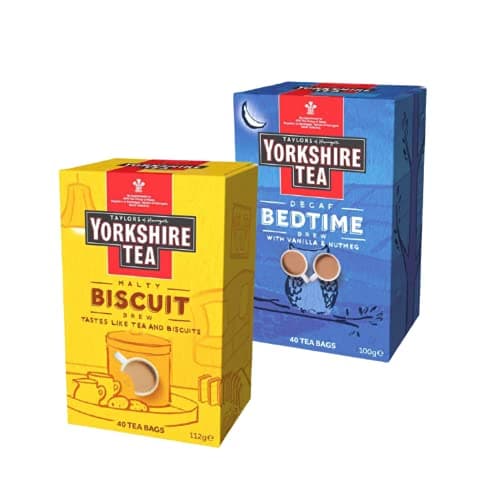 Image of Biscuit Brew Tea Bags 40 tea bags (112g) and Bedtime Brew 40 Tea Bags (100g) Taylors of Harrogate Yorkshire bundle