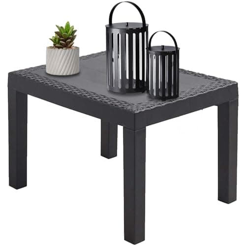 Image of idooka Faux Small Rattan Side Table & Outdoor Coffee Table - Plastic Grey Garden Furniture Table Only with Wicker Effect, Perfect for the Balcony, Picnic, Backyard, and Patio, Easy Assembly