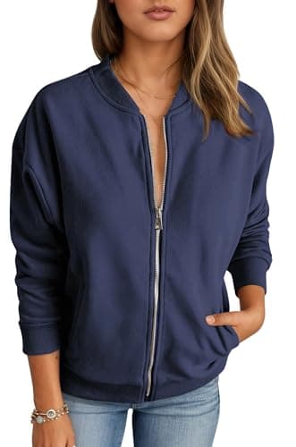 Image of Timuspo Womens Jackets Full Zip Casual Loose Biker Jacket Women Long Sleeve Hoodless Sweatshirt with Pockets Hiking Outdoor Navy Blue XL