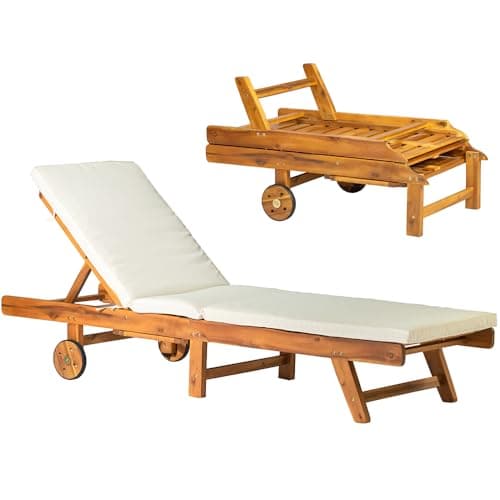 Image of Panana Solid Acacia Wood Sun Lounger Outdoor Seating Folding Recliner Chair Portable Chaise Lounge with adjustable Backrest, Wheels, Cushion for Garden Poolside Patio