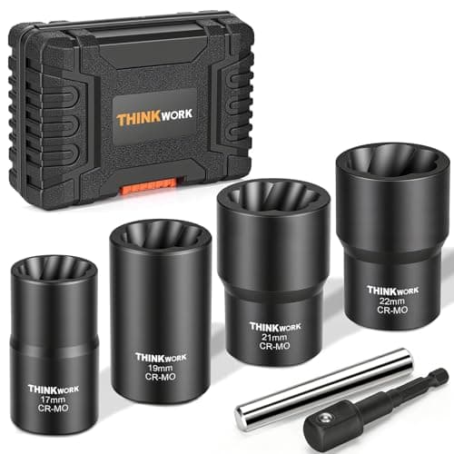 Image of THINKWORK Twist Socket Set Lug Nut Remover, 5-Piece Extractor Socket Tools for Stripped Rounded Wheel Nuts, 17mm 19mm 21mm 22mm, 1/2 Drive