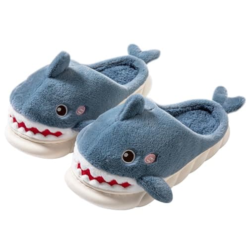 Image of LANFIRE Animal slippers for women Shark slippers Soft warm winter slippers Home plush cotton slippers (Light blue, Adult, Women, 7.5, Numeric Range, UK Footwear Size System, 8.5, Medium)