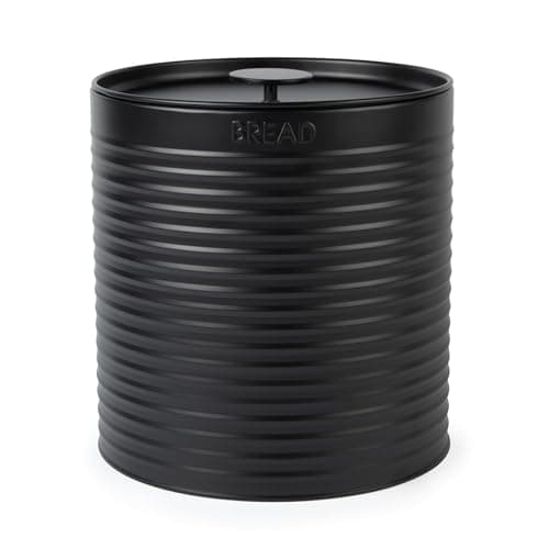 Image of Russell Hobbs Ribbed Round Bread Bin – Metal Bread Box, Large Kitchen Canister, Countertop Storage/Organisation, Durable Powder-Coated Steel, Pull Top Lid, Easy to Clean, Ribbed Design, Black